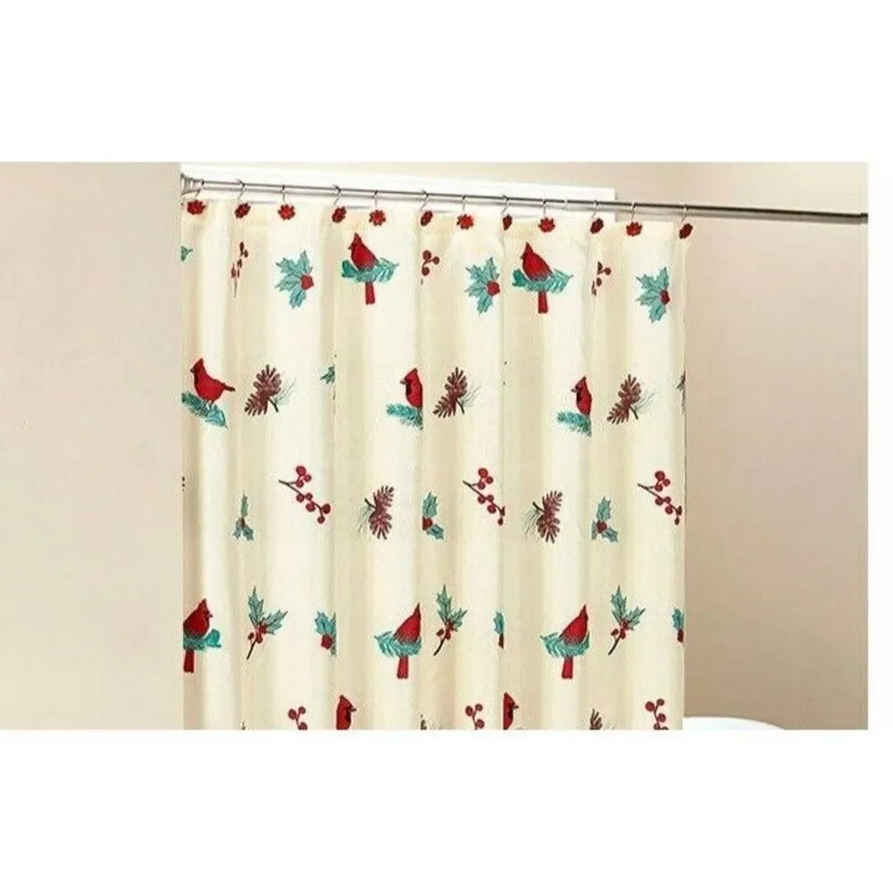 Cardinal Plaid Fabric Shower Curtain Holly Berry Poinsettia Red Bird Holiday NEW
